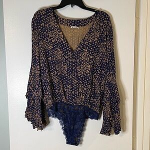 Free People Navy and Tan Floral Bodysuit